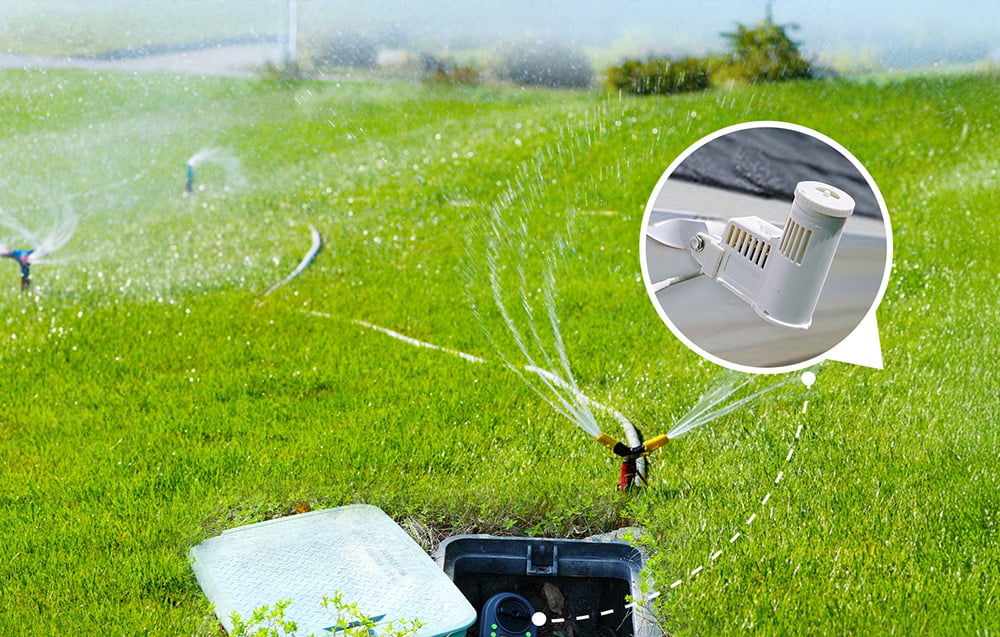 View of the lawn with sprinklers; a close-up shows the rain sensor connected to the controller in the box