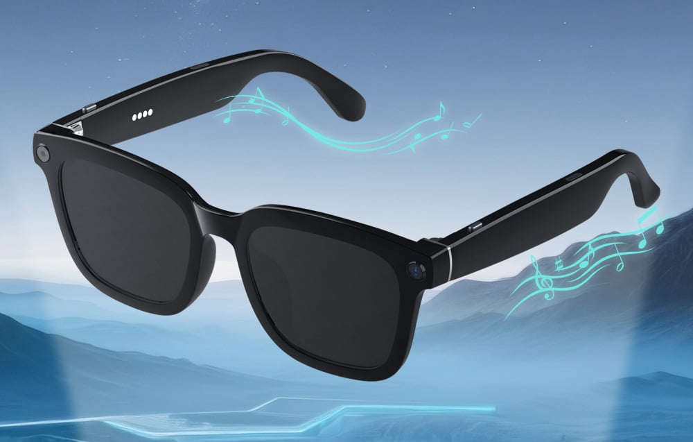 Black smart sunglasses floating against a mountain backdrop, with graphic symbols of musical notes and sound waves.