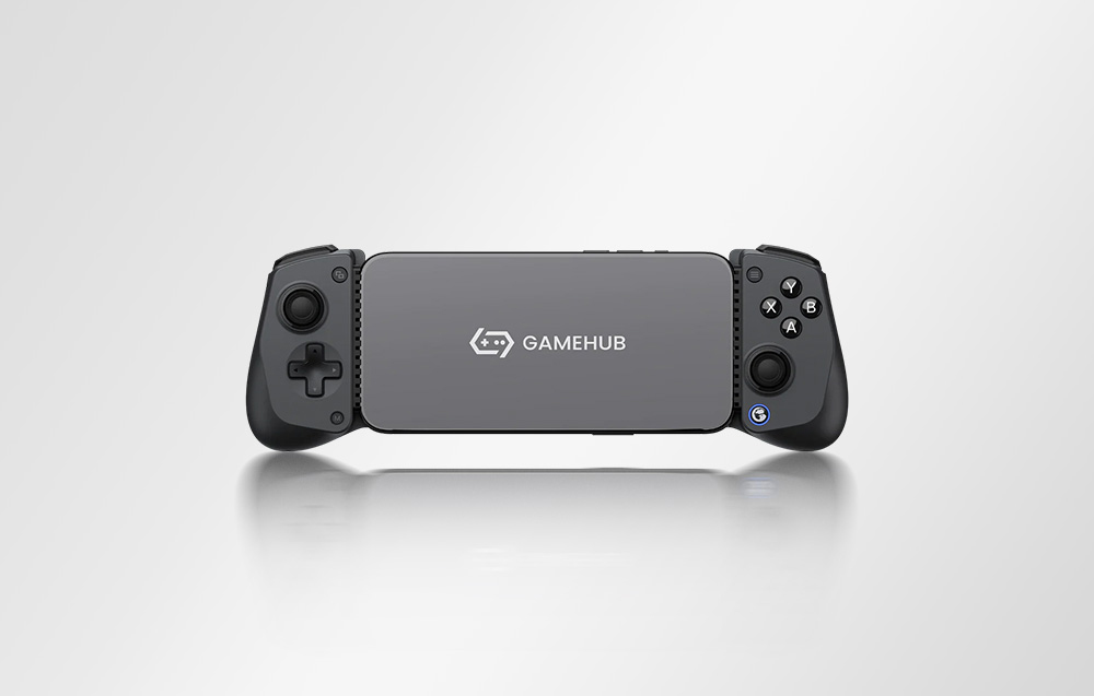 onsola with the controllers attached and the word GAMEHUB on the screen, visible against a light background