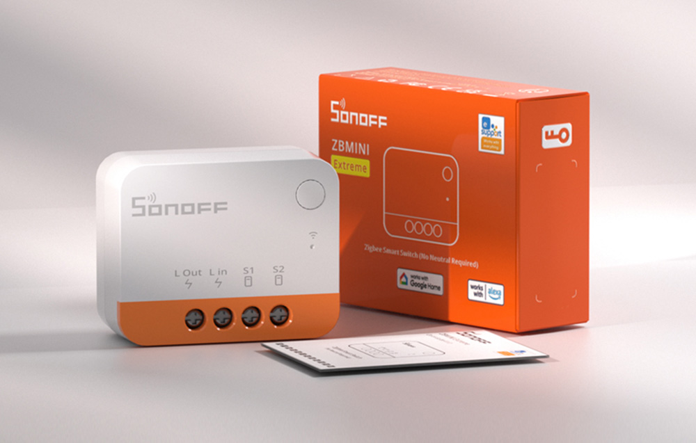 Sonoff ZBMINI Extreme kit with module, instructions and orange packaging