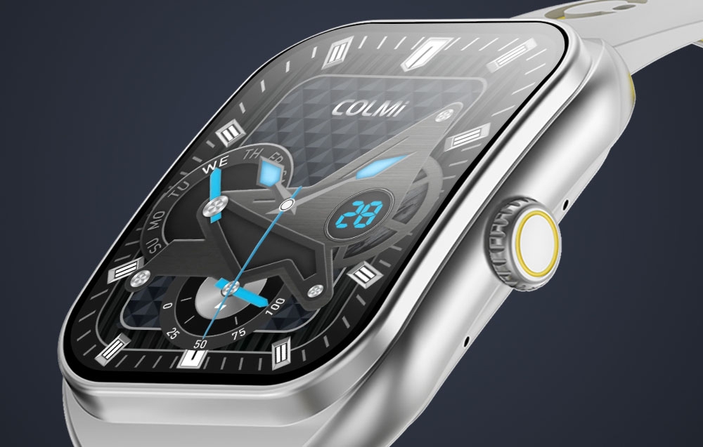 Close-up of the silver smartwatch display.