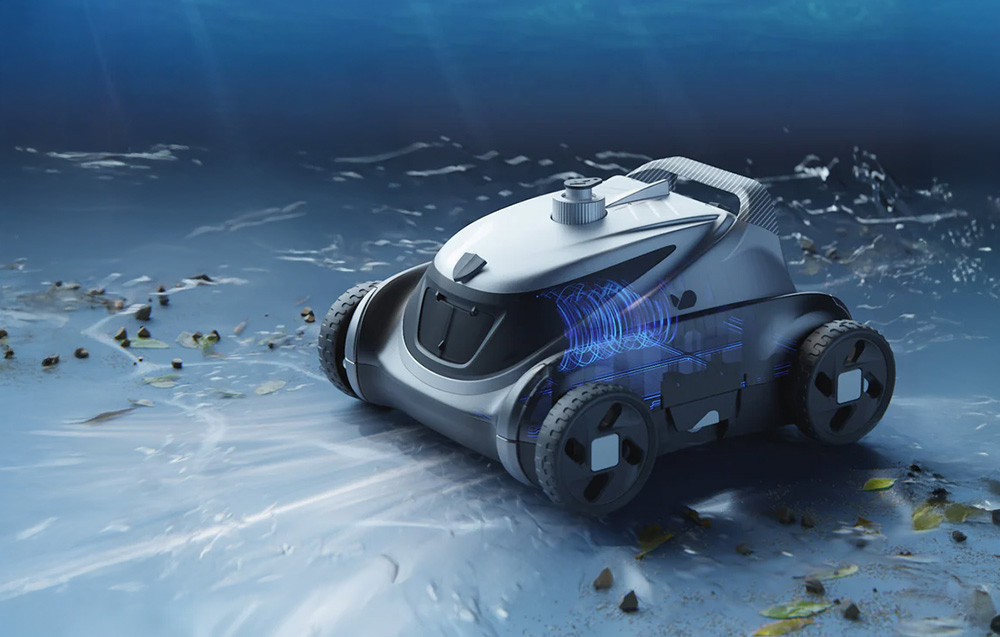 The pool robot moves along the bottom of the pool with its illuminated propulsion system visible, cleaning away debris
