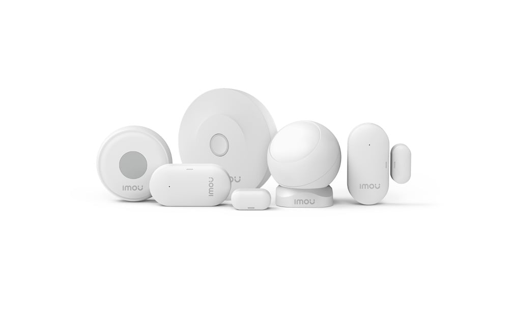 A set of white Imou smart home sensors and devices with rounded shapes, displayed on a white background