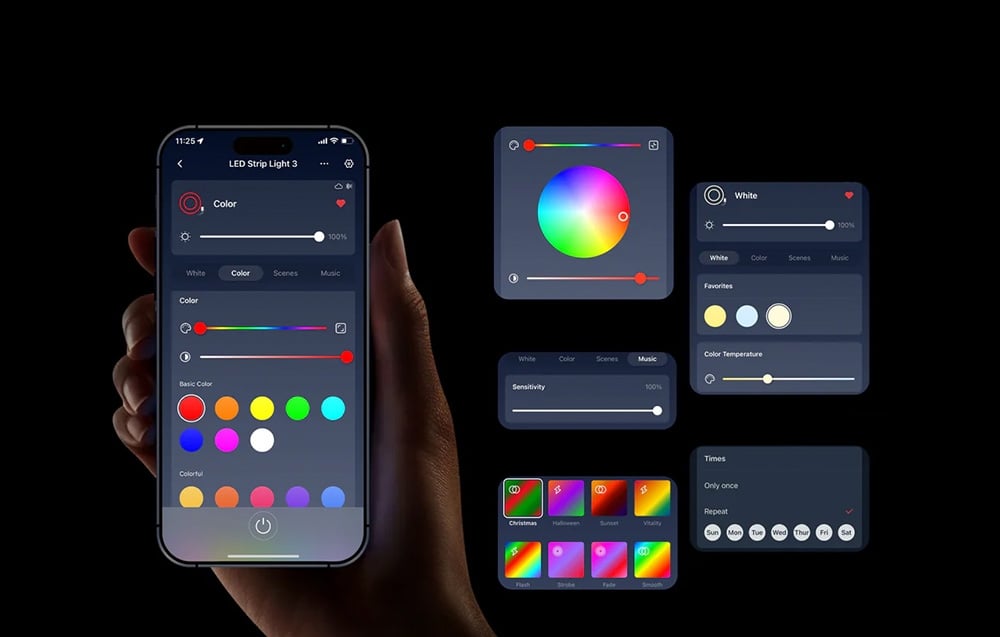 SwitchBot app interface with RGB color palette, sliders and presets for LED strips