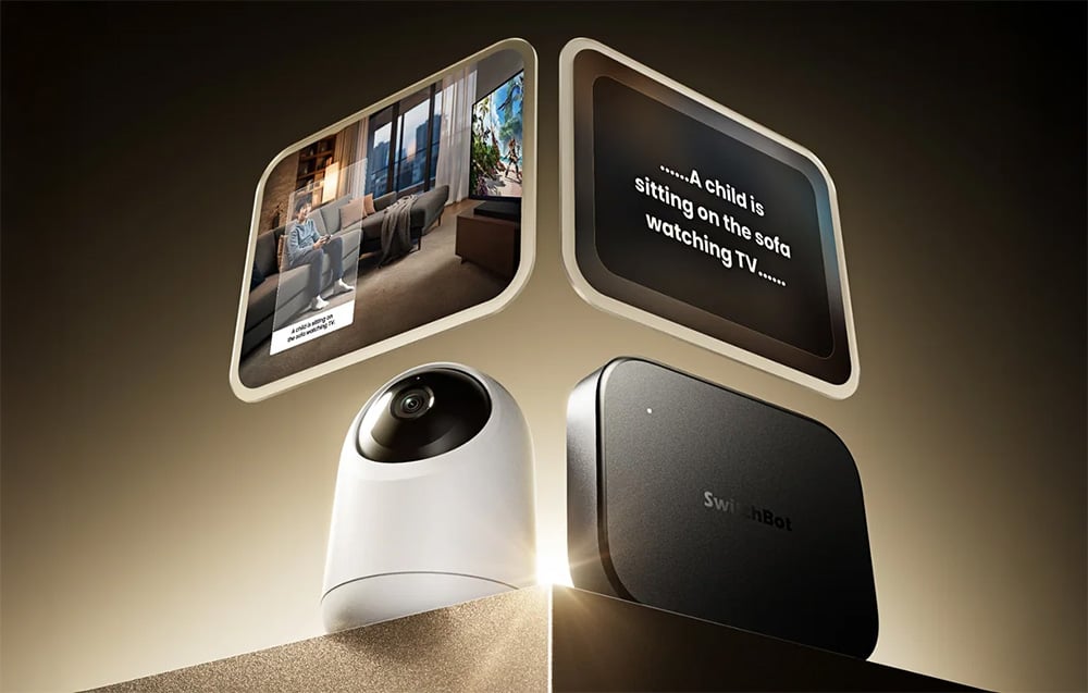 The camera and SwitchBot Gateway shown next to two screens displaying video previews and text analysis.