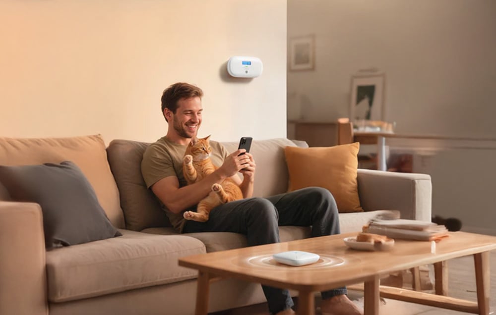A man with his cat sits on the couch in the living room, using the phone, X-Sense carbon monoxide sensor mounted on the wall