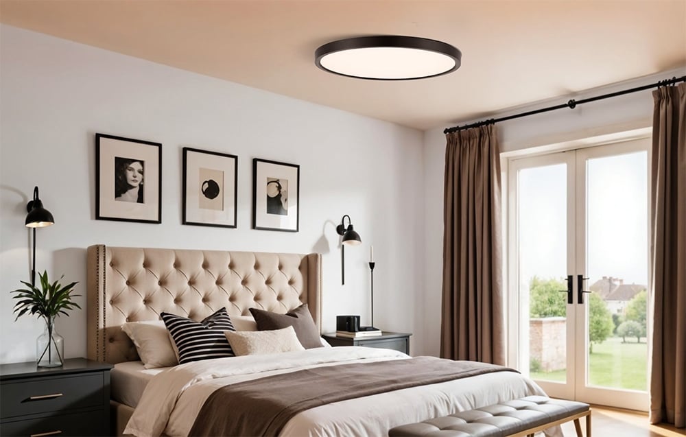 Yeelight Meteor C300 ceiling lamp in a bedroom with an upholstered headrest, three paintings on the wall and large balcony doors.