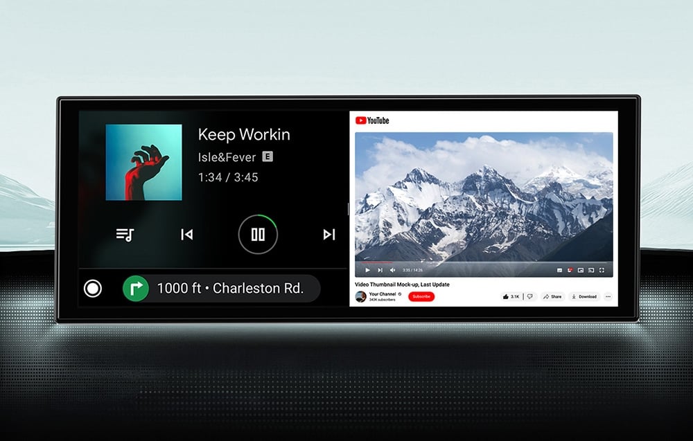 Screen menu divided into route navigation and a YouTube video player with a mountain view