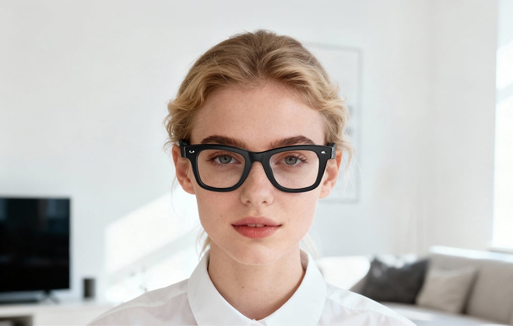 A blonde woman in a white shirt and black glasses in a bright room
