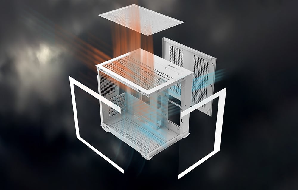Disassembled white case with visible panels, airflow, and internal structure on a dark background