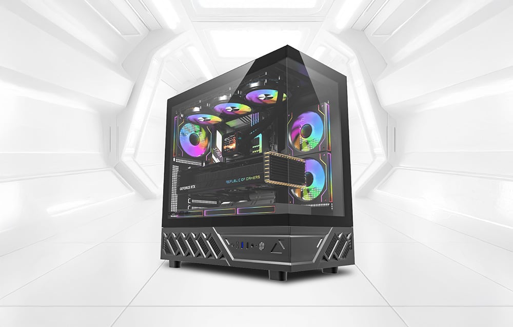 Black PC case with illuminated RGB fansin a futuristic white interior
