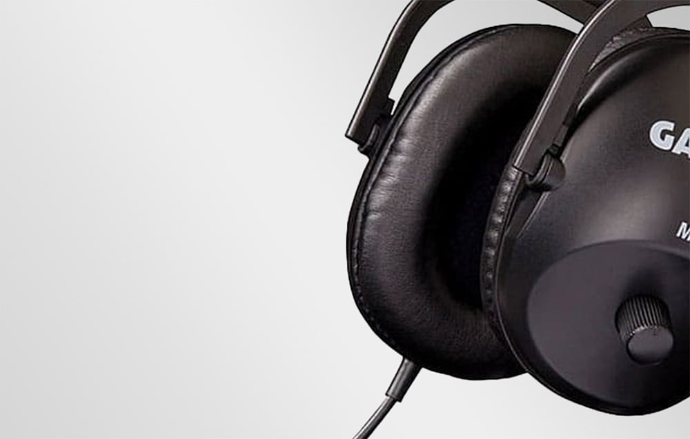Detail of the soft, leather earpad on the Garrett headphones, ensuring comfort during use.