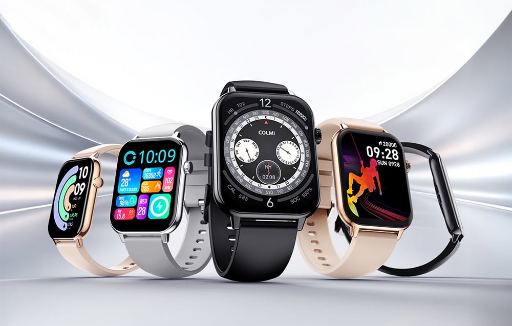 Five Colmi smartwatches in various colors (black, gold, silver) displaying different watch faces
