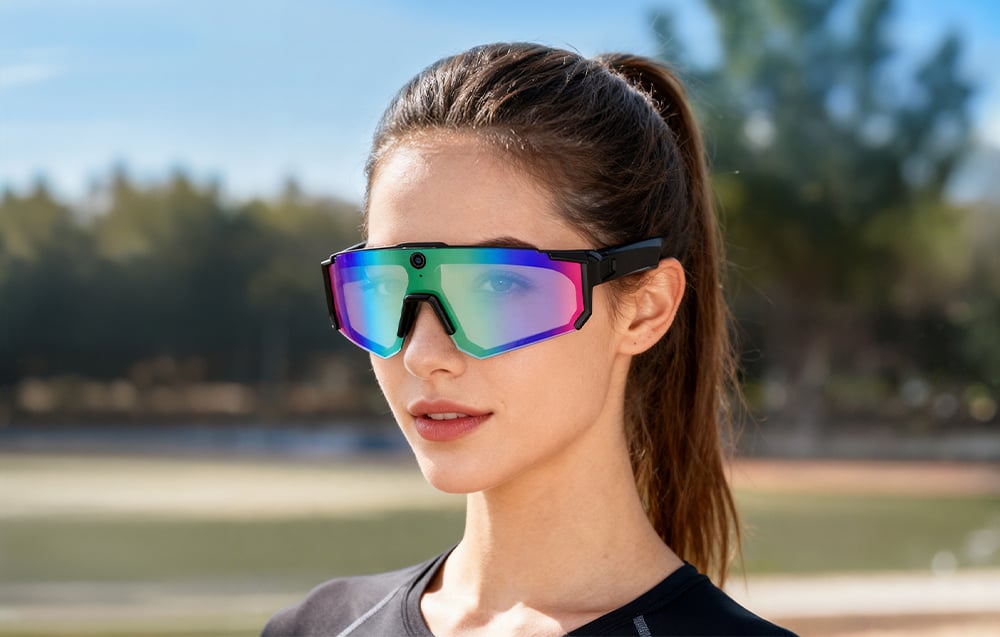 Portrait of a woman wearing smart sports glasses with a built-in camera, standing outdoors