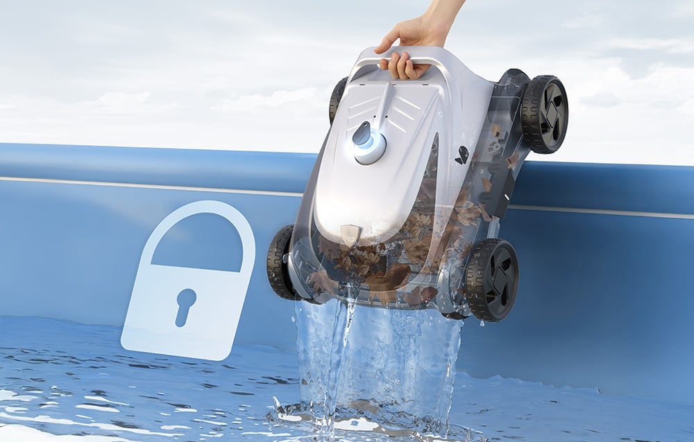 A hand lifts the pool robot out of the water, allowing the leaves and debris collected in the chamber to wash away