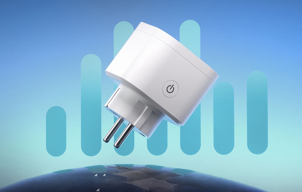 A white external plug on a blue background