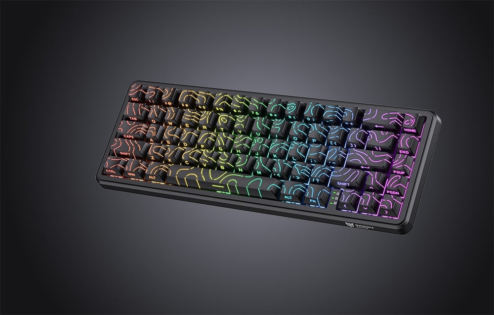 Black keyboard with colorful key backlighting on gray background