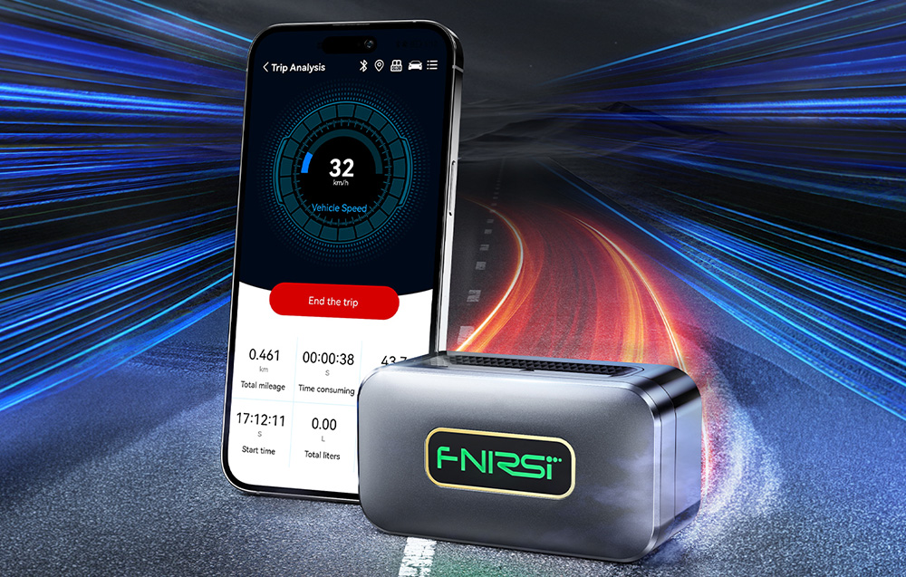 A smartphone displaying route analysis next to the FNIRSI wireless OBD2 reader against the backdrop of a night road