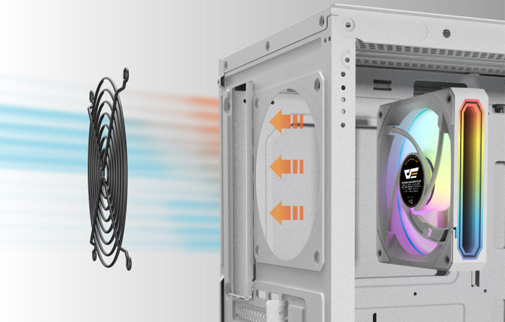 White computer case with black metal mesh responsible for cooling.