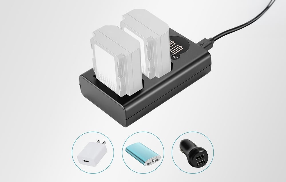 A dual battery charger with two batteries, along with icons of a wall charger, a power bank, and a car charger.
