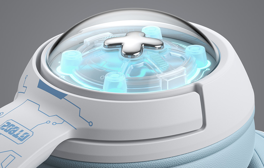 Close-up of a white-blue futuristic ear cup of Onikuma headphones