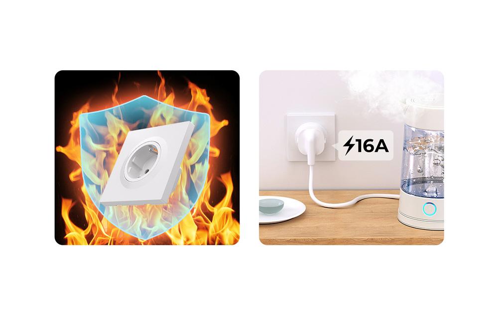 Graphics illustrating the socket’s fire resistance and maximum current rating of 16A