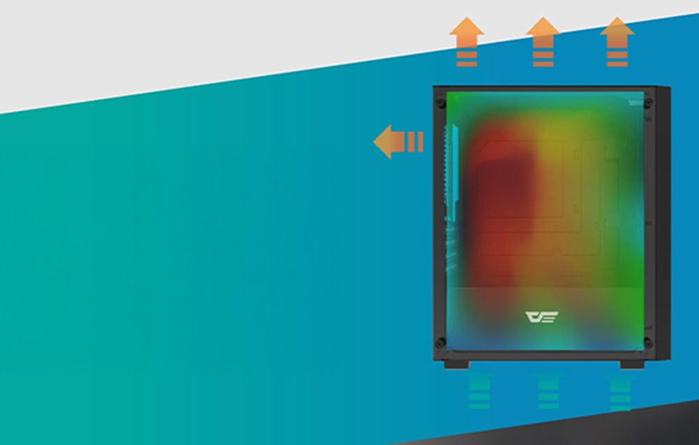 Visualization of the Darkflash M305 Mesh chassis airflow, which is on a blue background.