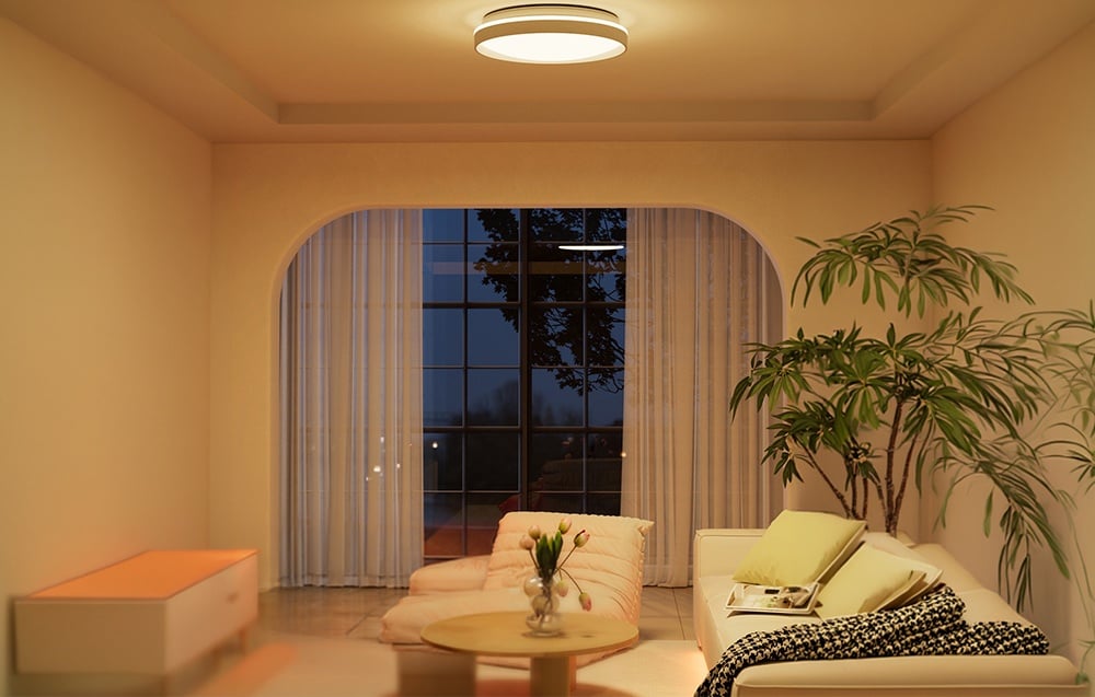 A bright living room with a white sofa, a potted plant, a round coffee table, and a large window overlooking the garden.