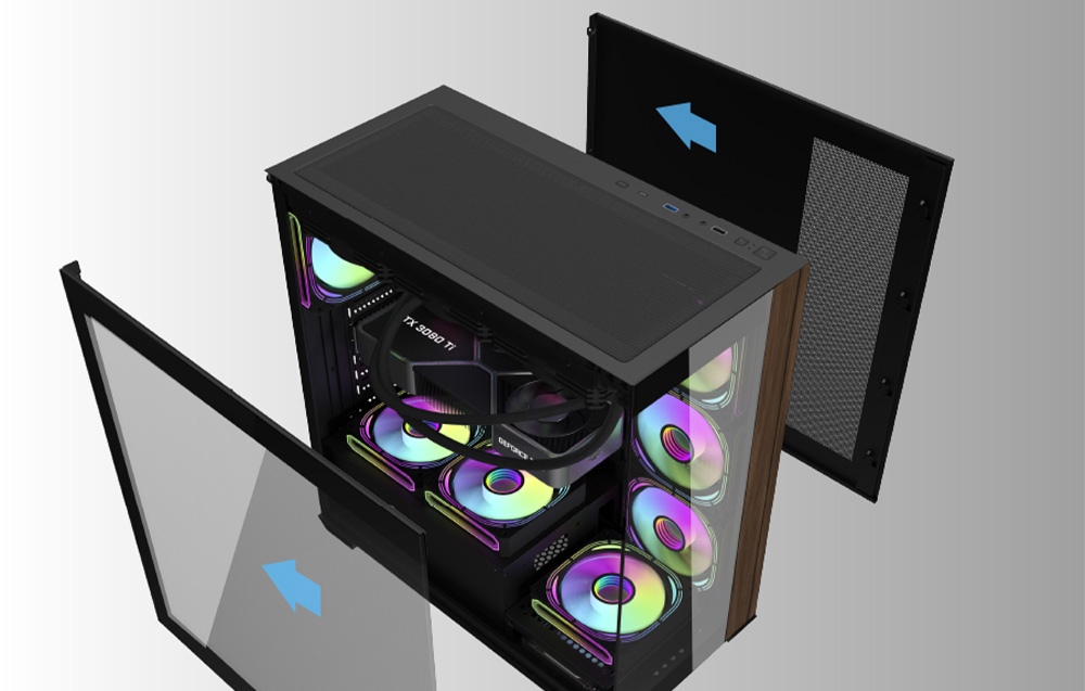 The Darkflash DS900W computer case shown from the top with the side panels tilted down.