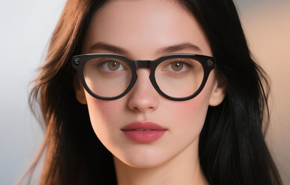 Portrait of a woman wearing black smart glasses with visible camera lenses on the sides of the frames.