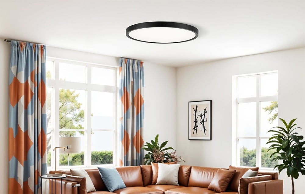 Yeelight Meteor C300 ceiling lamp installed in a bright living room with a brown sofa, colorful curtains and large windows.