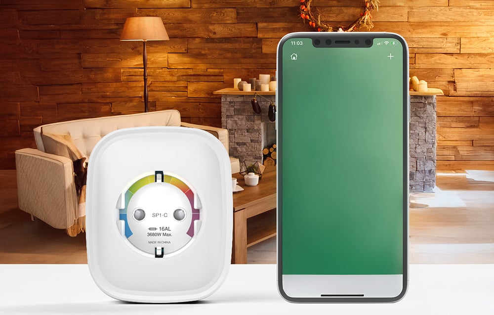 Smart outlet and smartphone with green app screen, set against the backdrop of a cozy living room with wooden wall and fireplace