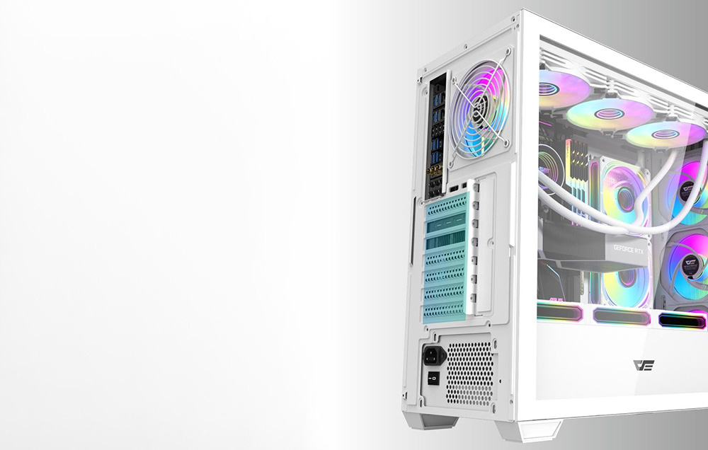 White computer case with illuminated fans on bright background.