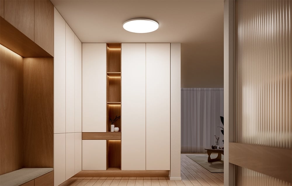 Corridor with walk-in closets and Yeelight Mercury C300 smart ceiling lamp turned on.