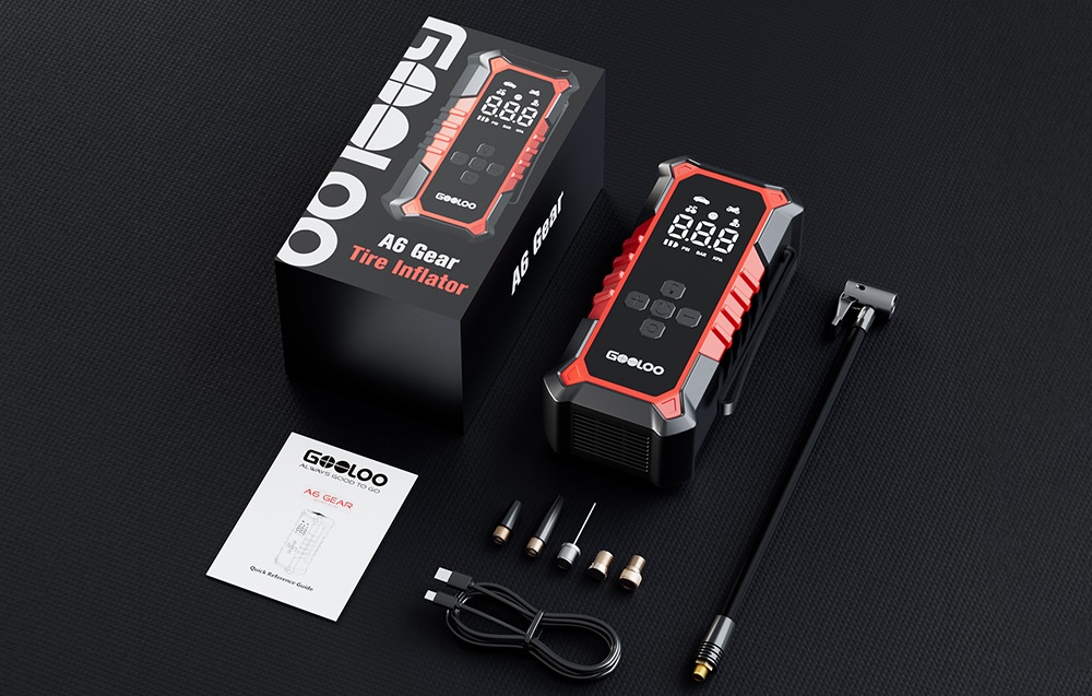 GOOLOO compressor kit with a box, cable, nozzles, and manual on a black background