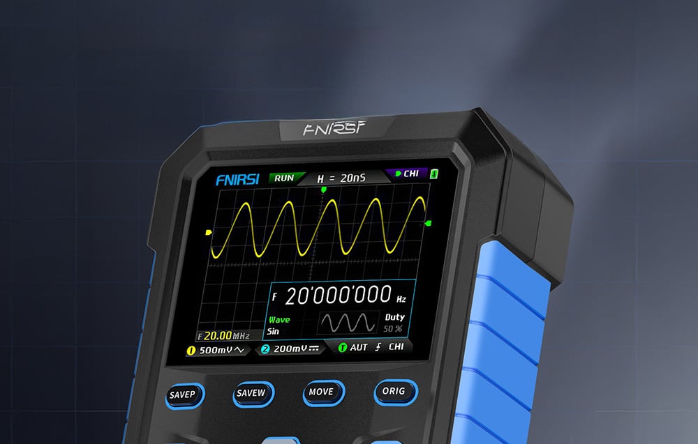 Handheld oscilloscope displaying a 20 MHz sine wave with wave parameters shown at the bottom of the screen