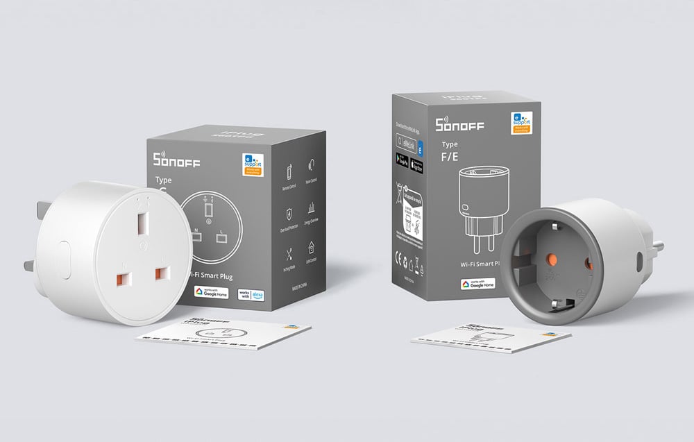 Two types of Sonoff smart outlets with packaging and instructions - type G with three pins and type F/E with round input