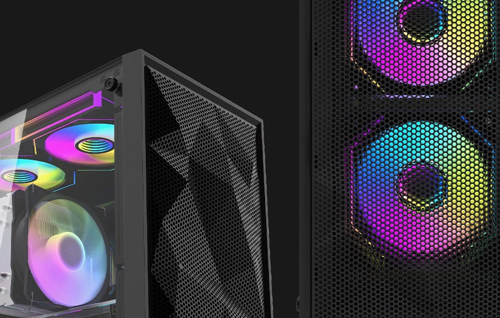 Darkflash M305 Mesh computer case in black color, next to it is a close-up of the fans.