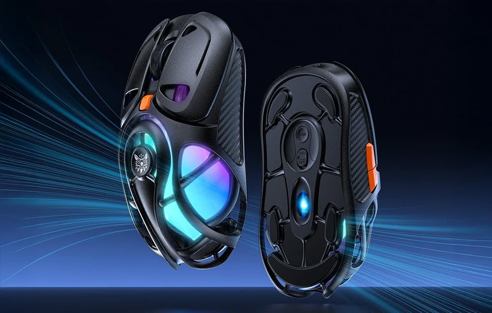 Two black gaming mice with holes for airflow on dark background