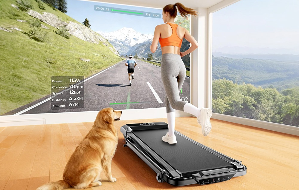 A woman with a ponytail runs on a treadmill, with an image of a mountain landscape displayed in front of her