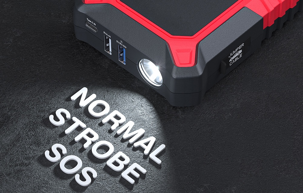 Close-up of the ports and the jump starter’s flashlight with the inscription “NORMAL STROBE SOS”