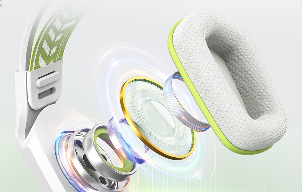 Close-up of the inside of the headphones with a view of the drivers