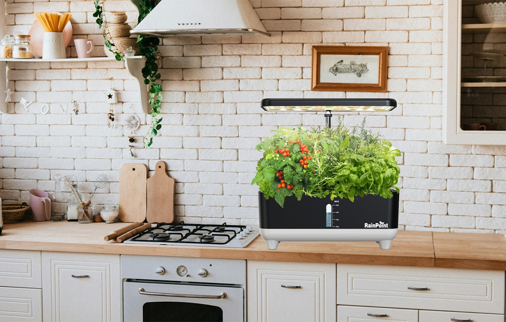 A black hydroponic box with mature plants is placed on a wooden kitchen countertop next to a brick wall