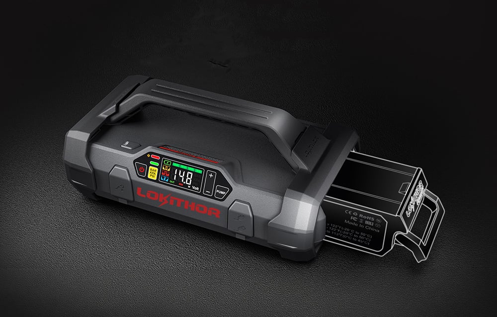Device with handle while inserting a replaceable battery into the side pocket.