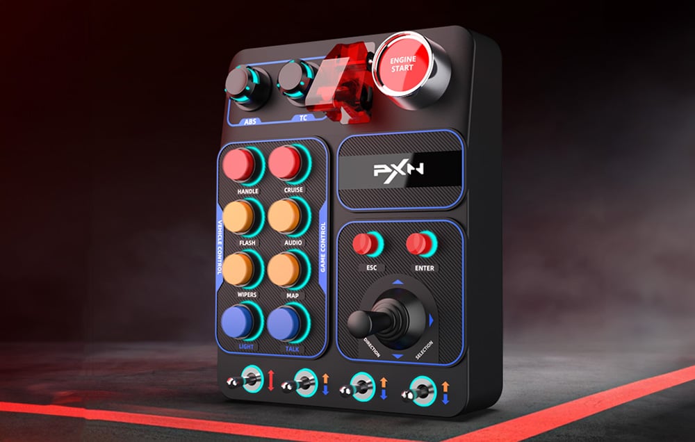PXN button panel on black and red background.