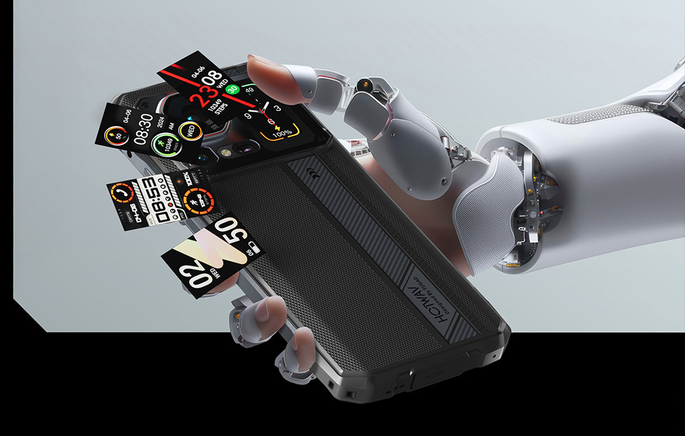 A robotic arm holding a HOTWAV smartphone, displaying various clock faces available on the rear display.