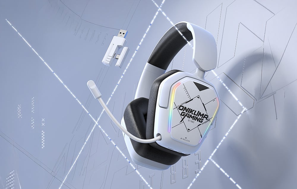White Onikuma in-ear headphones with microphone and USB adapter