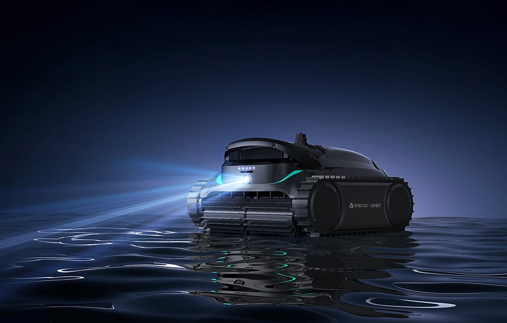 Wybot M2 pool robot with blue backlighting on the water