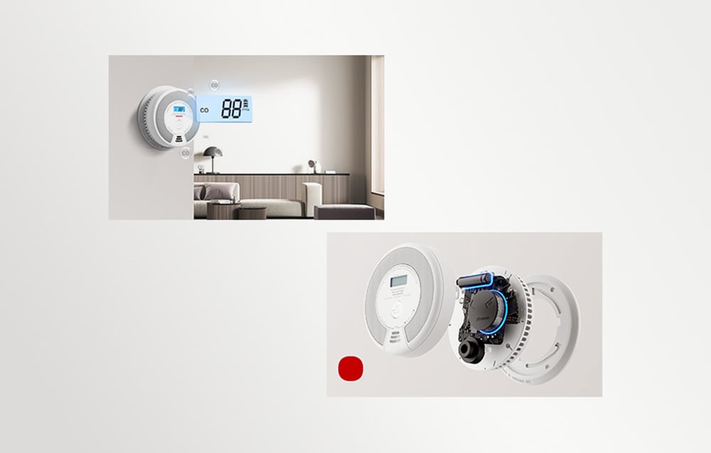 A photo collage showing the carbon monoxide detector in a modern living room and a view of its internal electronic components