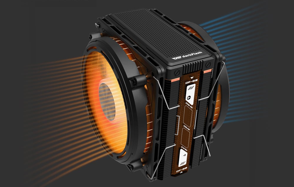 Darkflash active cooling with dual fans and backlighting on a dark background